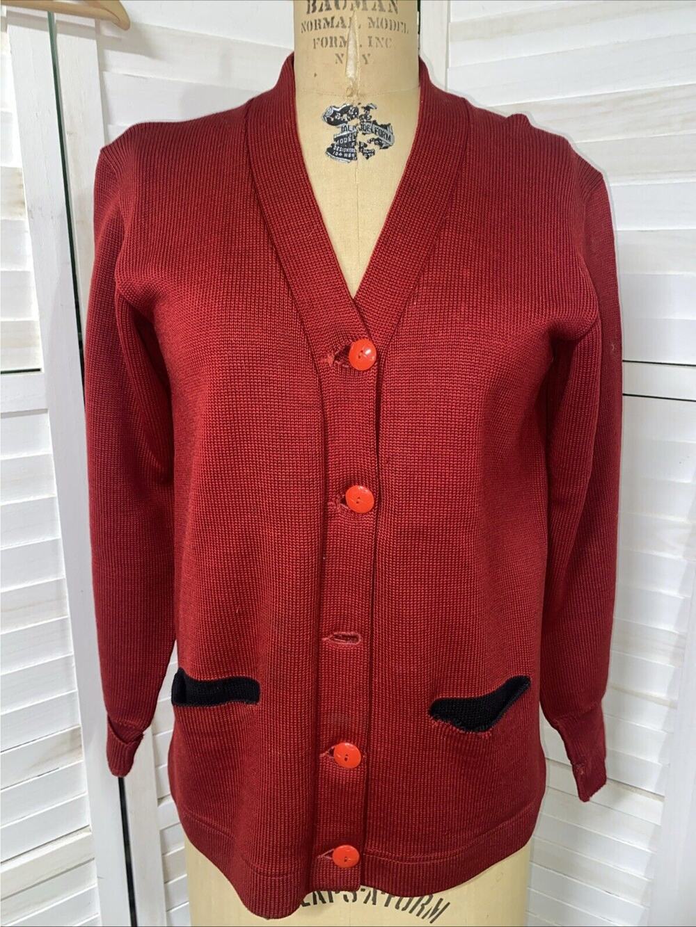 Vintage 1950s Red Dehen Letterman Wool Knit Cardigan Sweater Size Medium